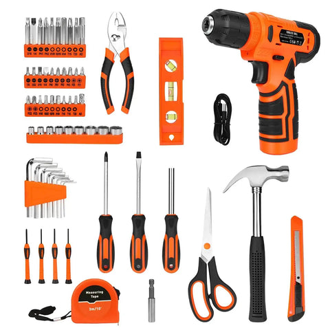 139 Piece Tool Set With 8V Cordless Drill Driver In Sturdy Toolbox Case displayed with tools including pliers and screwdriver