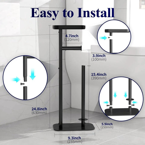 Dimensions and installation of Free Standing Toilet Paper Holder Stand With Rustproof Metal Construction For Four Rolls.