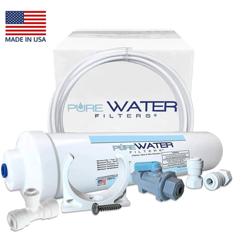 Front view of inline water filter kit for ice maker with 1/4-inch quick-connect fittings, tubing, and T-connector.
