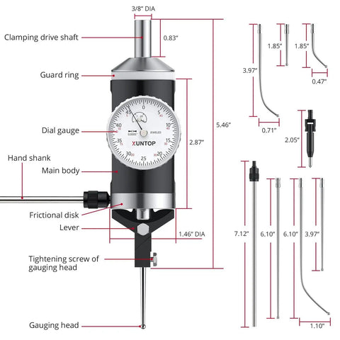 Coaxial Centering Indicator For Milling And Boring Machines With 0 To 0.15 Inch Travel And 0.0005 Inch Precision, 100 RPM Coaxial Indicator With 6 Feelers For Accurate Workpiece Center Alignment XUNTOP, diagram view with labeled parts.
