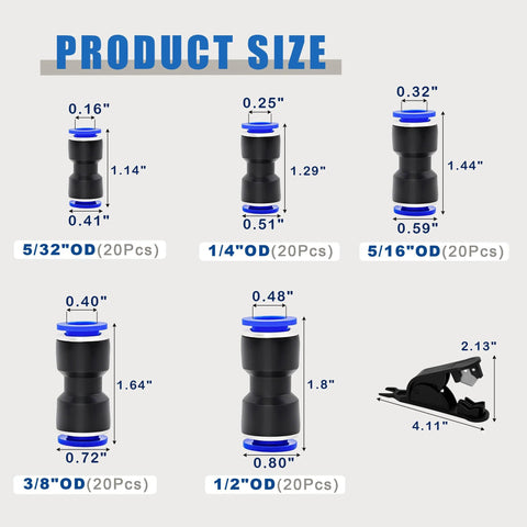 Brintek push-to-connect pneumatic fittings set for 4–12 mm OD with blue collars; 20pcs per size, includes tube cutter