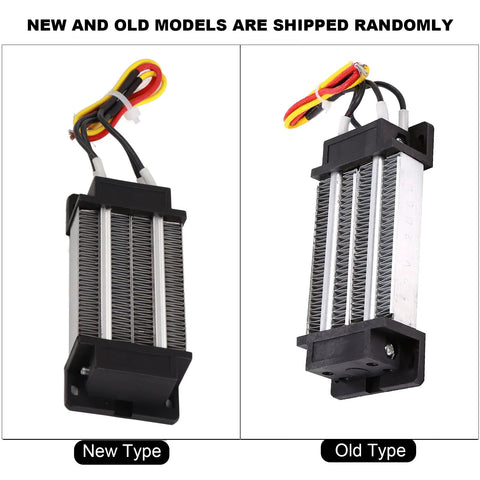 12V PTC ceramic air heater module, new and old type shown side-by-side with black mounting housings.