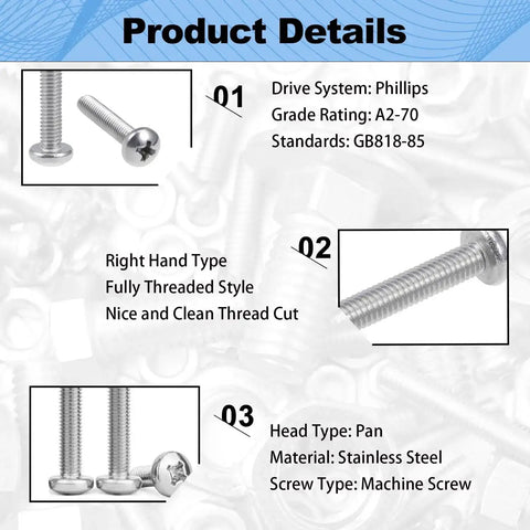 Image showing 30 Pcs M4x45mm Pan Head Phillips Machine Screws 304 Stainless Steel Fully Threaded 1.75 In For Furniture Repairs And 3D Printers In A Durable Plastic Storage Box with screw details.