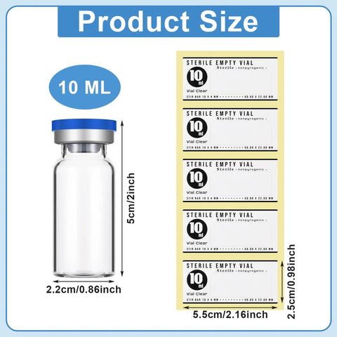 Threlaco 20 pcs 10 ml sterile empty glass vials with blue cap and self-healing injection port, includes 20 label stickers