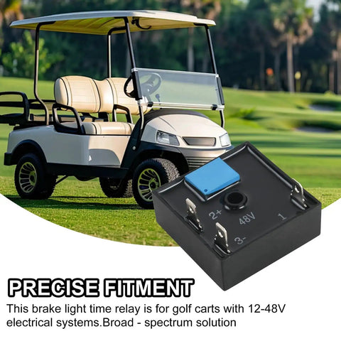 30 Second Brake Light Timer Relay For Golf Carts next to a golf cart, compatible with 12V-48V systems, boosts safety and visibility