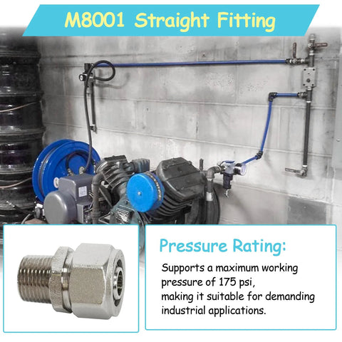 M8001 straight fitting for Maxline 1/2-in tubing; nickel-plated brass, double O-ring compression, blue tubing visible