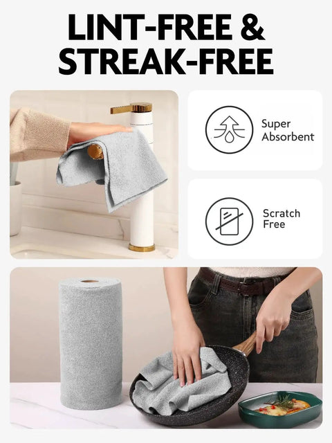 Person using Ultra Absorbent Microfiber Cloth Roll Tear Away Towels 12x12 Pink Grey Reusable for cleaning kitchen surfaces.