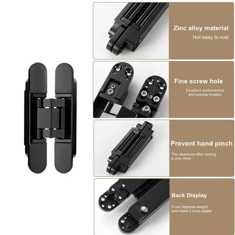 Image of 2-Pack Hidden Door Hinges For Cabinets With 180 Degree Swing, Heavy Duty 176 Lb Load Bearing, Zinc Alloy, showcasing design features.