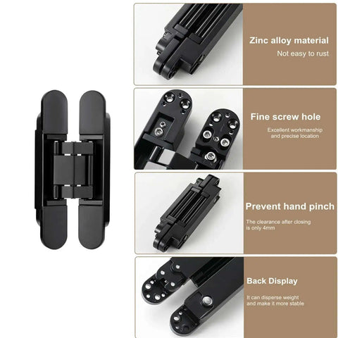 2 Pack Hidden Door Hinges 180 Degree Swing Heavy Duty 265 Lb Load Bearing for Seamless Cabinet Doors and Hidden Bookcase Doors 9.45 Inch Zinc Alloy Black, front and components view.