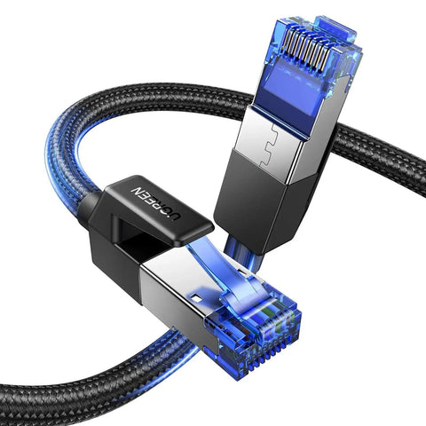 Cat 8 Shielded Braided Ethernet Cable 6ft For Gaming PC PS5 Xbox Modem Router, close-up of blue connectors and braided design