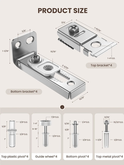 Diagram of Bi-Fold Door Hardware Repair Kit 4 Pack For 7/8 To 1 Inch Track Includes Top And Bottom Pivots Brackets Guide Wheels And Mounting Fasteners DIY Friendly Replacement Parts Set For Folding Pocket Doors Barn Style Bi-Fold Closets showing dimensions and components