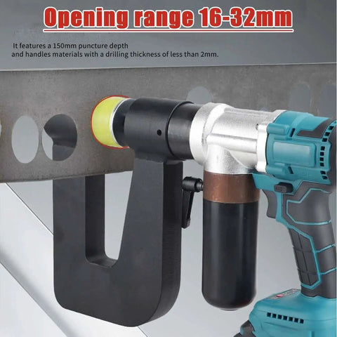 Cordless Hydraulic Hole Punch For Metal Two Battery Power 150 Millimeter Throat Depth in use punching a sheet metal