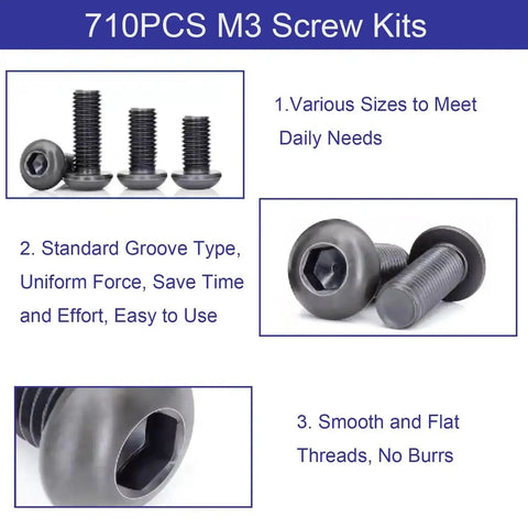 All In One M3 Screw Kit For 3D Printing With 710 Pcs Eight Lengths Of Screws M3x6mm to M3x30mm, black zinc plated screws.