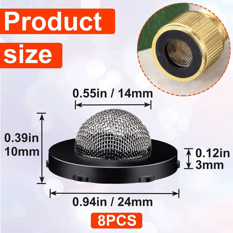 PAGOW 8-pack stainless steel hose filter washers with mesh screen for 3/4" garden hose connectors; 24mm diameter, 10mm tall.