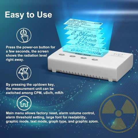 GMC-300S Geiger counter radiation dosimeter with white plastic body and blue display