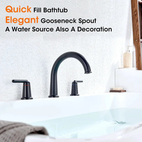 Matte Black Three Hole Widespread Deck Mount Tub Faucet Set With Premium Brass Valve Ceramic Disc Cartridge Backflow Check Valve High Flow Two Handle Roman Arch Bath Filler For Bathtub Modern Design Easy Install installed on bathtub