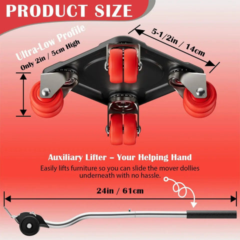 Heavy Duty Furniture Movers With Eight-Wheel Design And Lifter, Square Dollies With 360 Degree Swivel Dual-Wheel Casters