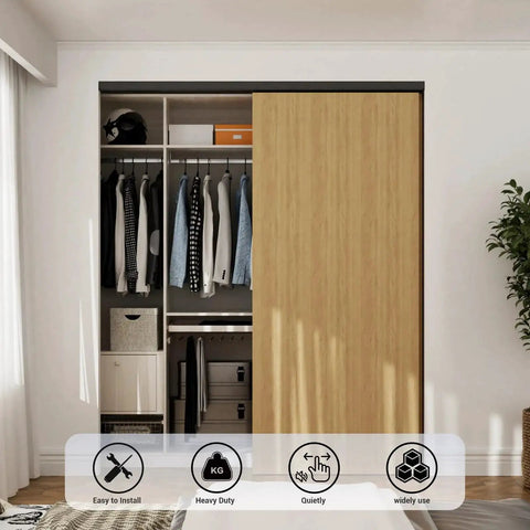 Heavy Duty Bypass Sliding Door Hardware Kit With Soft Close Mechanism For Two Doors, installed in a closet for smooth glide