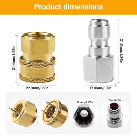 Eight Pack One Quarter Inch NPT Stainless Steel Quick Connect Fittings For Pressure Washers, Male And Female Adapters