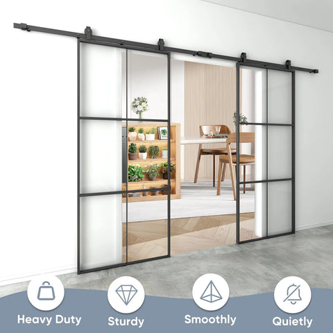 Double Barn Door Set 72 By 96 Inches With 12 Feet Hardware Kit Includes Two 36 By 96 Clear Tempered Glass Panels Aluminum Frame Pocket Interior Door Easy Assembly Black Top Mounted Hardware showcasing installed doors with black frame.