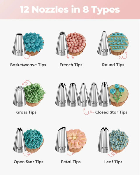 All In One Cake Decorating Kit With Turntable And 12 Piping Tips Set showcasing different nozzle types for cake design
