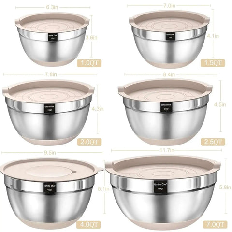 26 Piece Stainless Steel Mixing Bowls Set With Airtight Lids And Grater Attachments Non Slip Bottoms Khaki Kitchen Gadgets sizes