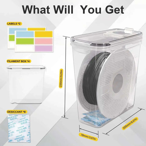 Moisture Proof Dry Box 4 Pack For 1Kg Filament Spools with silica gel and labels, dimensions and labels in view