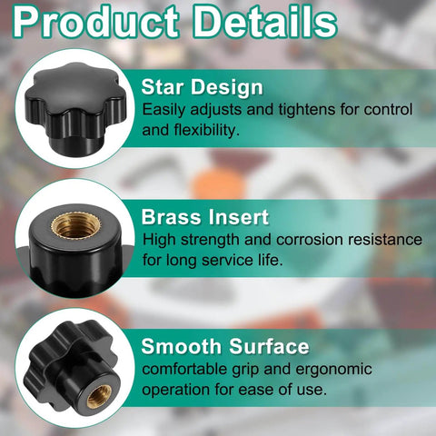 All-In-One 16 Piece Clamping Star Knob Set For Machines With M4 M6 M8 M10 Threads, 7-Point Star Plastic Heads, Brass Insert