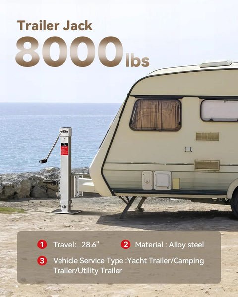 Trailer jack beside an RV trailer on a beach; 8000 lb capacity and alloy steel construction.