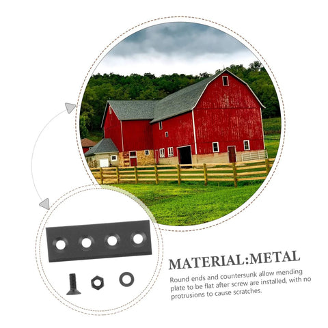 Barn Door Hardware Track Black Connectors Low Profile Repair Kit for No Sweat Install Rail Connecting Plates Sliding Door Accessories No Protrusion Gaskets Durable Barn Door Supplies For Quick Fixes And Smooth Operation, metal connectors with gaskets visible with a red barn in the background.