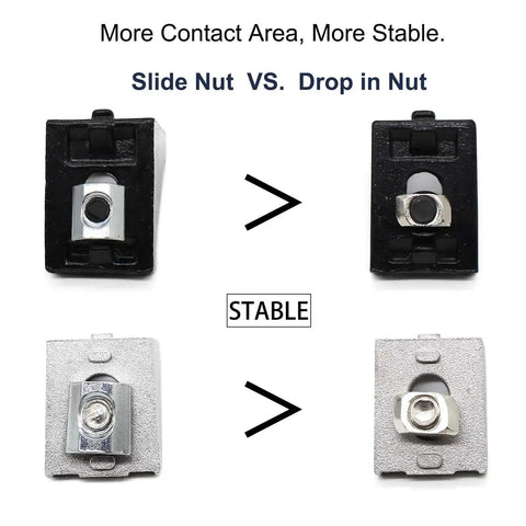 Comparison of slide nut and drop-in nut for 20 Sets 2020 Aluminum Extrusion T Slot Corner Brackets Kit With 40 M5 Bolts Nuts And 40 T Slot Nuts For 20X20 2040 80X20 Aluminum Rails