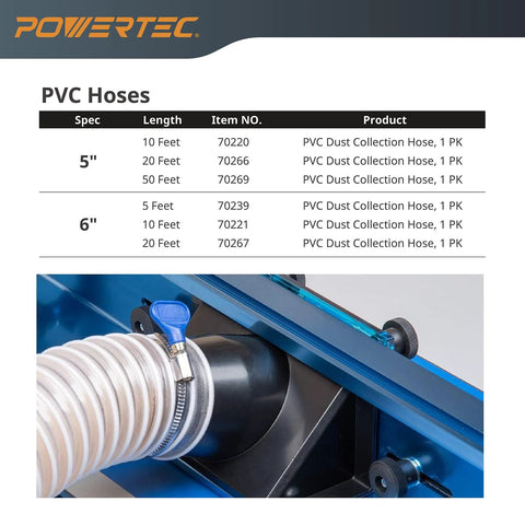 POWERTEC 4-inch, 20-foot PVC dust collection hose attached to a woodworking dust system with a metal clamp.