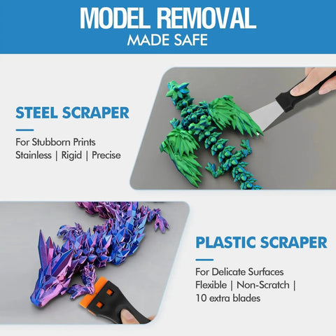 Hands using steel and plastic scrapers on colorful 3D printed models on flat surface for debris removal.