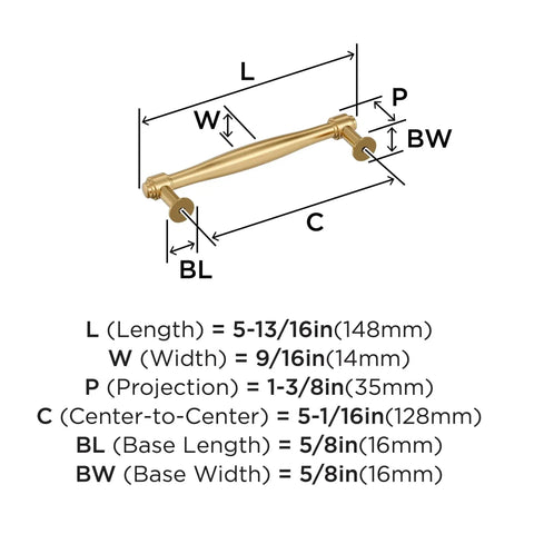 Diagram showing measurements for Enlivity Champagne Bronze Cabinet Pull 5-1/16 Inch Center To Center For Cabinets BP37723CZ