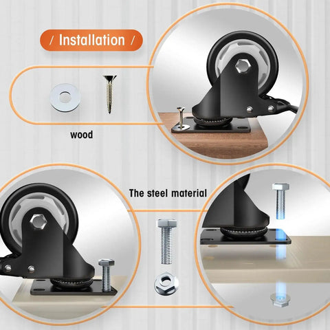 Four 3-inch heavy-duty caster wheels with top-plate swivels and brakes in black polyurethane, installed on a workbench.