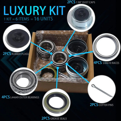Box set of Best Value iBroPrat Boat Trailer Bearing Kit Set For One And One Sixteenth Inch Axles, 2000 To 2200 Lb Capacity, L44649 And L44610 Bearing Kits, 12192TB Grease Seals, 1.98 Inch Dust Covers And Rubber Plugs, Cotter Pins Included