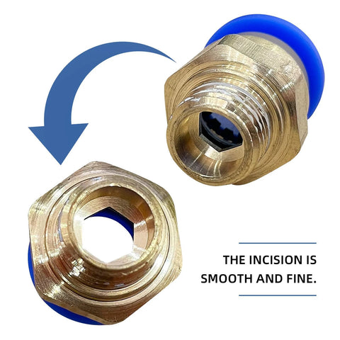 Brass push-to-connect pneumatic fittings with blue collars; 1/4" G thread, for 4–12 mm tubing; two fittings shown.