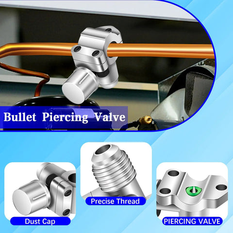 Bullet piercing valve kit BPV31D by Amazon on copper fridge line; 2-piece, silver metal, 1/4–3/8 in OD, dust cap