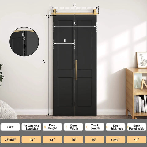 36 By 84 Inch Bifold Barn Door In Textured Black With Vinyl Wrap Two Panel Hollow Core Interior Door With Brushed Gold Hardware Kits Waterproof And Scratch Resistant Easy To Clean Kid Proof And Pet Friendly Great For Closets Pantries And Laundry Rooms.