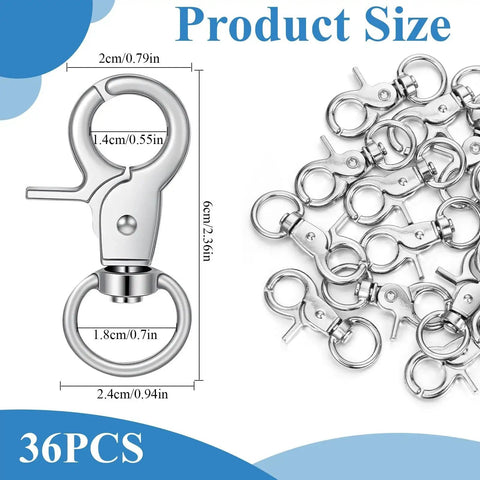 Heavy Duty Trigger Snap Hooks 2.32 X 0.82 Inch Swivel 360 Degree For Pet Cages, shown in 36-piece set with size details