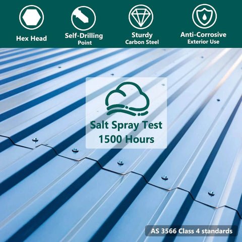 Beefy Heavy Duty Self Drilling Roof Screws 12 By 3 Quarter Inch With Hex Head And EPDM Washer Silver Coated Carbon Steel Salt Spray Tested 1500 Hours Metal To Wood Or Metal Hex Socket Drive Included showing installation on corrugated metal roof.