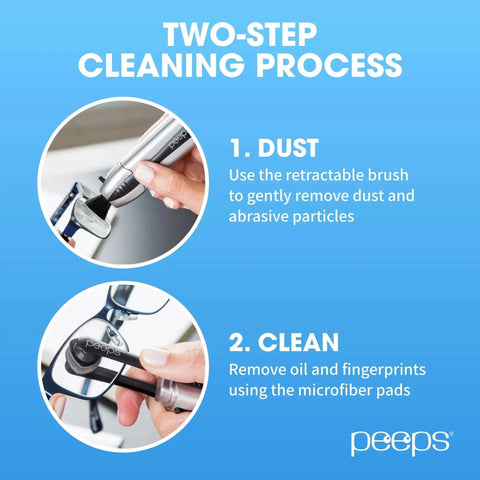 Peeps Eyeglass Lens Cleaner Carbon Microfiber NASA Safe Dry Clean showing two-step cleaning process