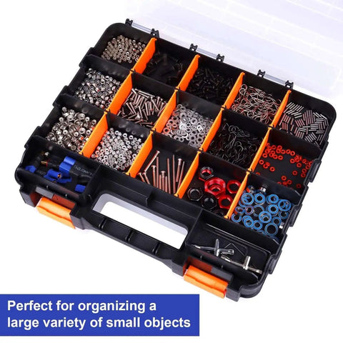 Double Sided Parts Organizer With Removable Dividers, 34 Compartment Storage Bins for hardware and small tools, top view.