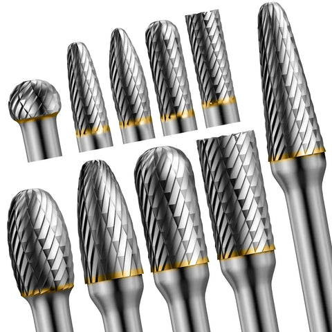 10 Piece Tungsten Carbide Die Grinder Burr Set With One Quarter Inch Shank For Metal Wood Stone Cutting And Engraving Deburring Porting