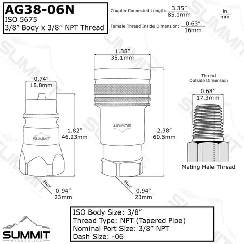 Technical diagram of Rugged Three Eighths Inch Ag ISO 5675 Hydraulic Quick Connect Pioneer Style Couplers with dimensions and threads.