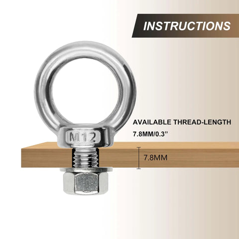Four-Piece M12 X 20mm 304 Stainless Steel Eye Bolt Set Built Tough For Lifting With Shoulder Ring Heavy-Duty Threaded Eyebolts Includes Nuts And Washers For Indoor Outdoor Marine Use shown installed in wood displaying available thread length.