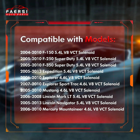 Compatibility list for 2004-2010 vehicles with 2 Pack Camshaft Variable Valve Timing Solenoids VCT Solenoids 8L3Z-6M280-A And 8L3Z-6M280-B.