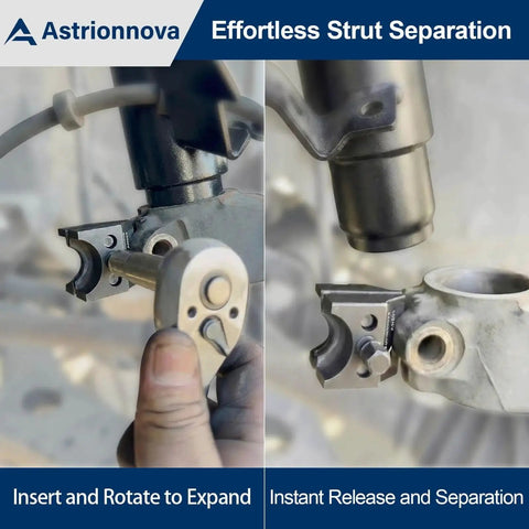 Universal Suspension Strut Spreader Tool Dual End Heavy Duty for strut removal on aluminum knuckle, showing insertion and release.