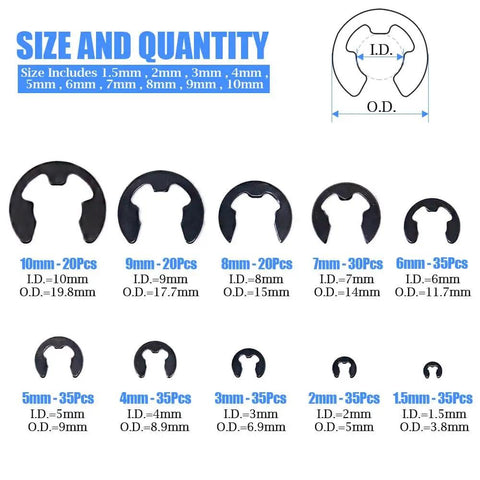Must Have External E Clip Retaining Ring Washer Assortment Kit In Alloy Steel, Heat Treated For Tough, Reliable Build, 10 sizes
