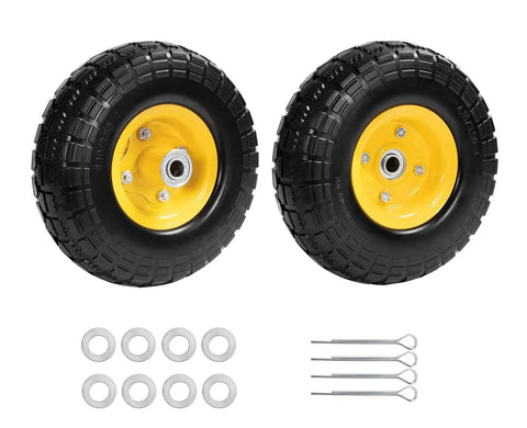 10 Inch Solid Rubber Wheel Replacement With 5/8 Inch Bearings And 2.1 Inch Offset Hub, two-pack with washers and pins, for hand trucks.